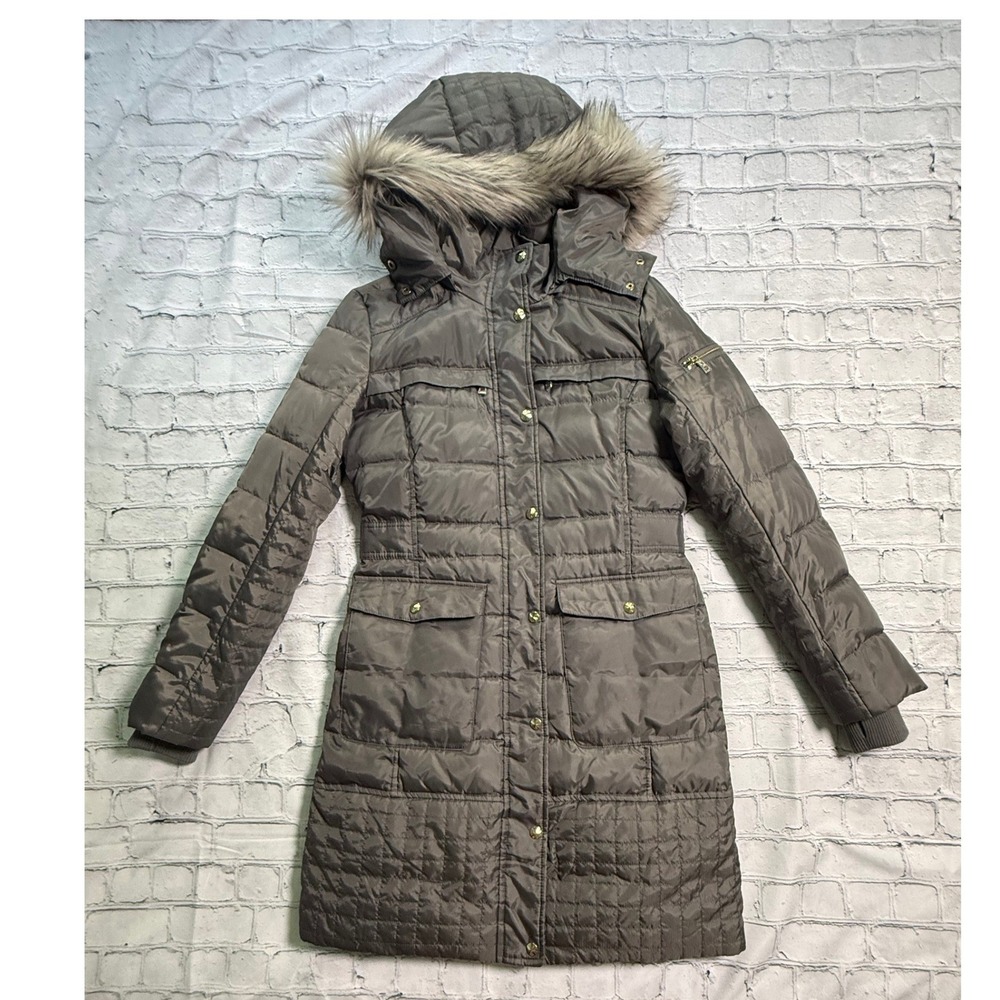 Sam Edelman Puffer Coat M Brown Faux Fur Hood Quilted Long Parka Winter Jacket